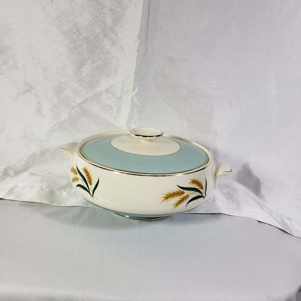 Vintage Taylor Smith & Taylor Autumn Wheat Covered Casserole Dish with Turquoise